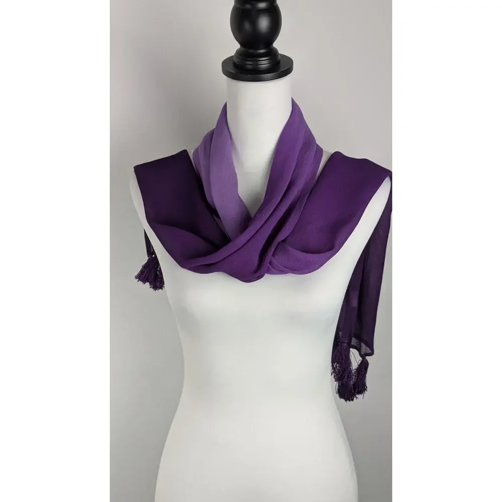 Vtg Pegasus Hand Dyed Silk Crepe Scarf Ombré Purple Tassels Fiber Art 68x11 EUC